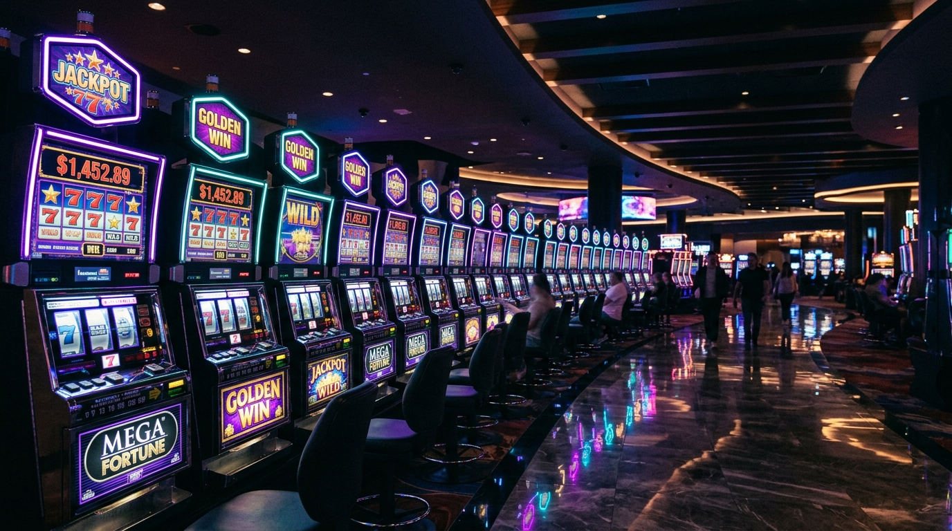 Bahsegel neon slot makineleri — modern casino hall, mor ve teal isiklar